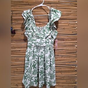 Green and White Floral Dress Mini Dress.  Flutter Type Sleeve